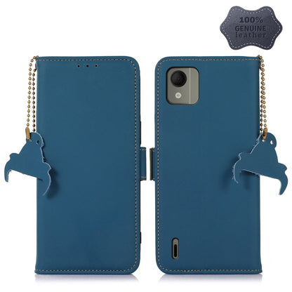 Blue leather magnetic RFID phone case with horse charm, front and back view