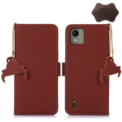 Coffee brown leather magnetic RFID phone case with horse charm, front and back view