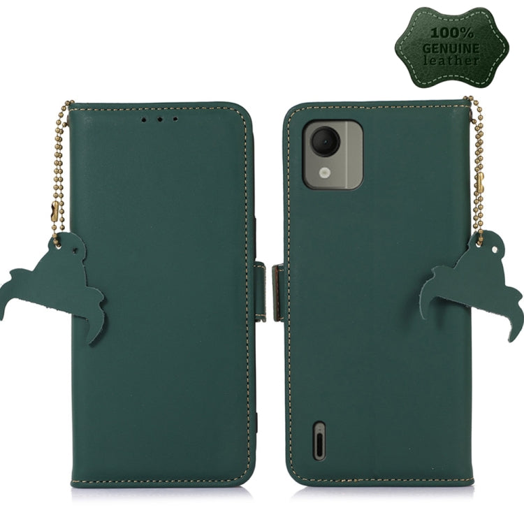 Deep green leather magnetic RFID phone case with horse charm, front and back view