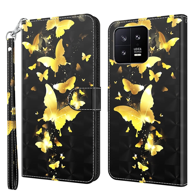 Flip leather phone case with golden butterfly 3D pattern and wrist strap, cutout camera cover