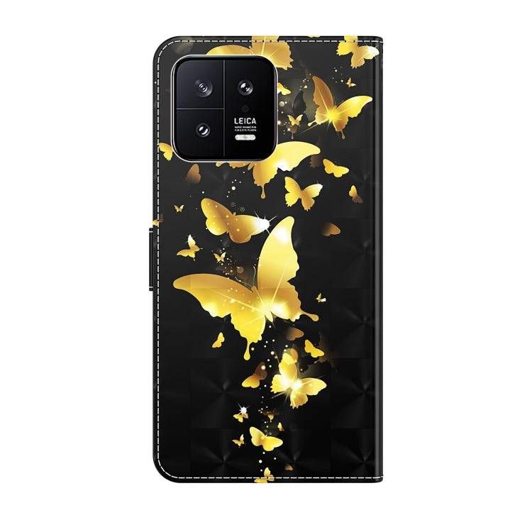 Flip leather phone case with golden butterfly 3D pattern and raised camera cutout panel