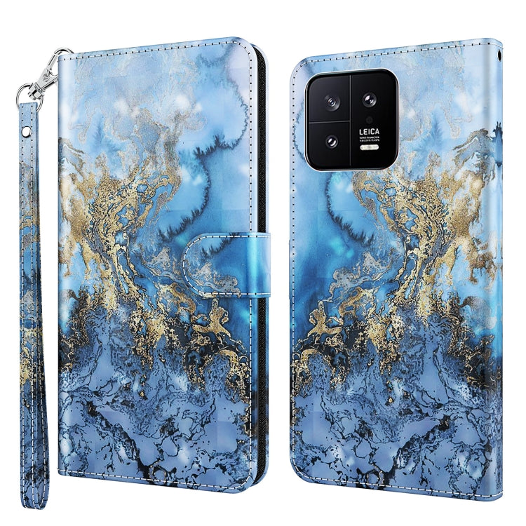 Flip leather phone case with blue marbled sky pattern and golden floral accents, camera cutout