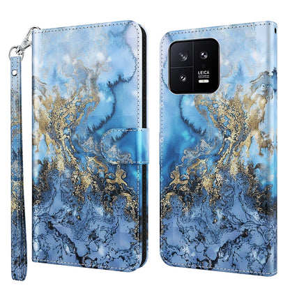 Flip leather phone case with blue marbled sky pattern and golden floral accents, camera cutout