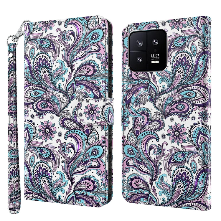 Flip leather phone case with purple and teal paisley 3D pattern, wrist strap included