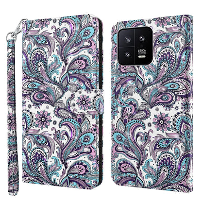 Flip leather phone case with purple and teal paisley 3D pattern, wrist strap included