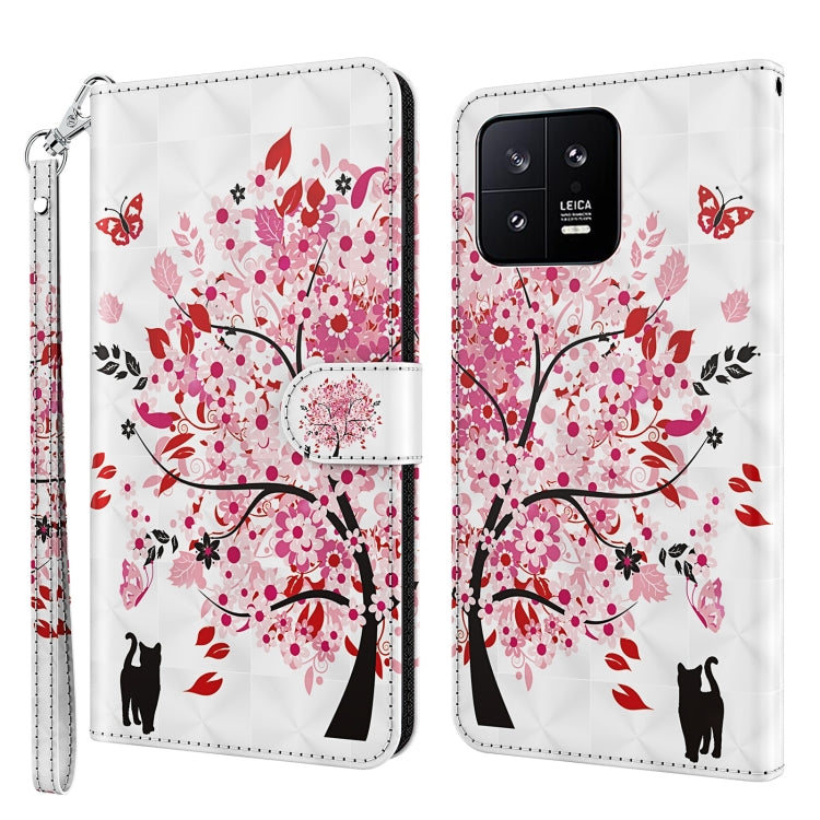 Flip leather phone case with pink cherry blossom tree and black cat silhouettes