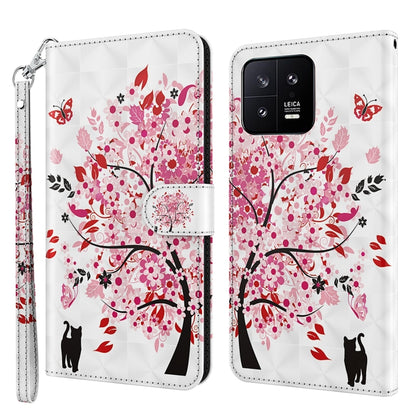 Flip leather phone case with pink cherry blossom tree and black cat silhouettes