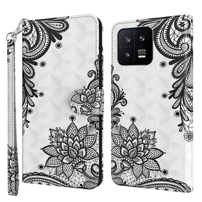 Flip leather phone case with black and white floral lotus lace pattern