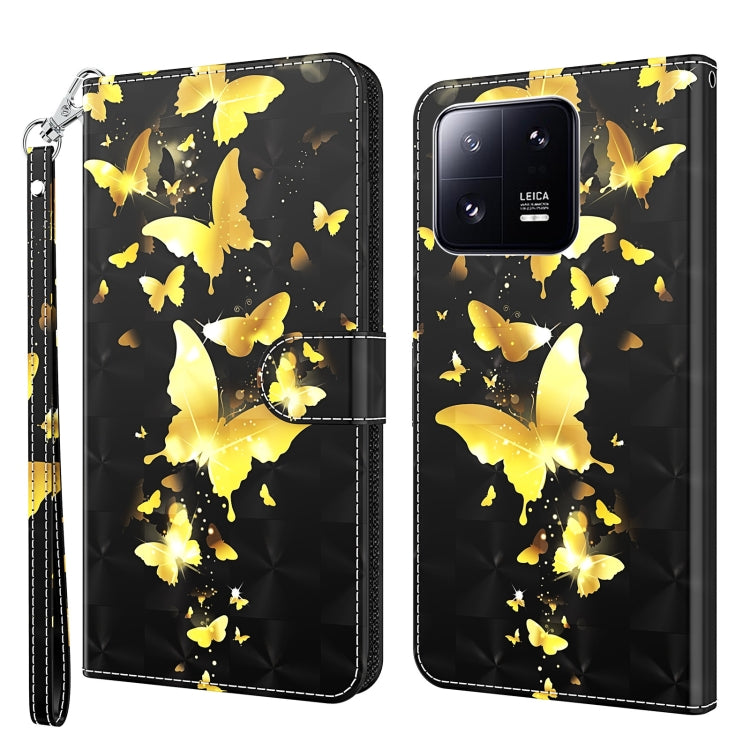 Flip leather phone case with golden butterflies on dark black background