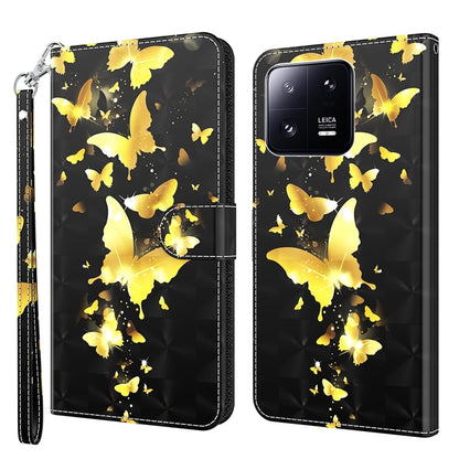 Flip leather phone case with golden butterflies on dark black background