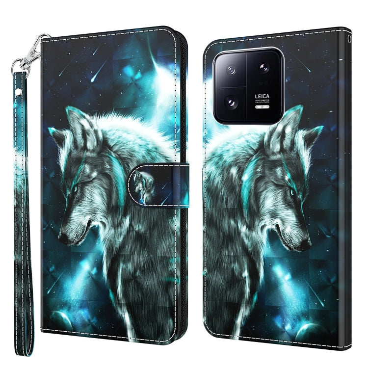 Flip leather phone case with glowing wolf artwork in blue night tones