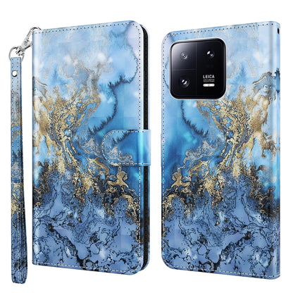 Flip leather phone case with blue marbled texture and gold swirl details
