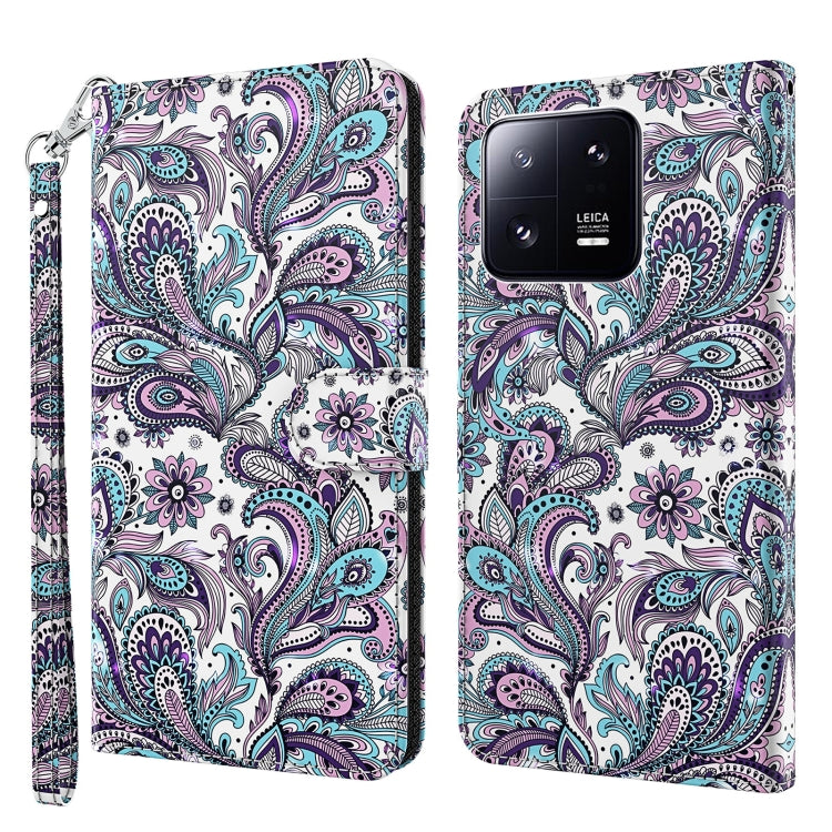 Flip leather phone case with purple paisley floral swirls and teardrop motifs