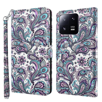 Flip leather phone case with purple paisley floral swirls and teardrop motifs