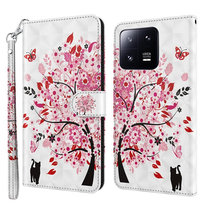 Flip leather phone case with red-and-pink floral tree and black cat silhouettes