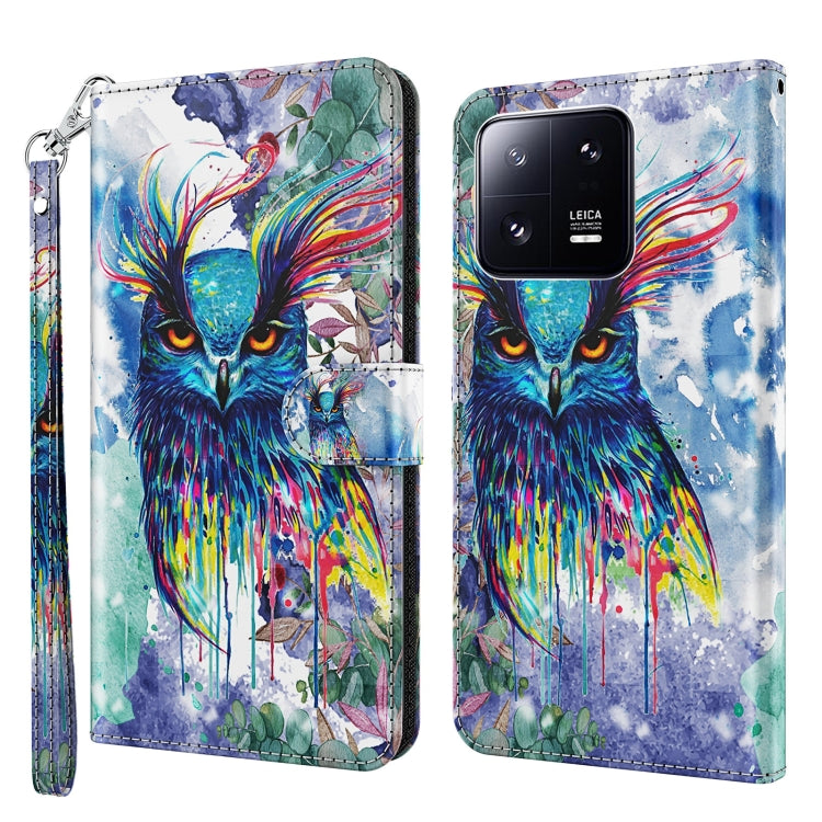 Flip leather phone case with colorful watercolor owl illustration