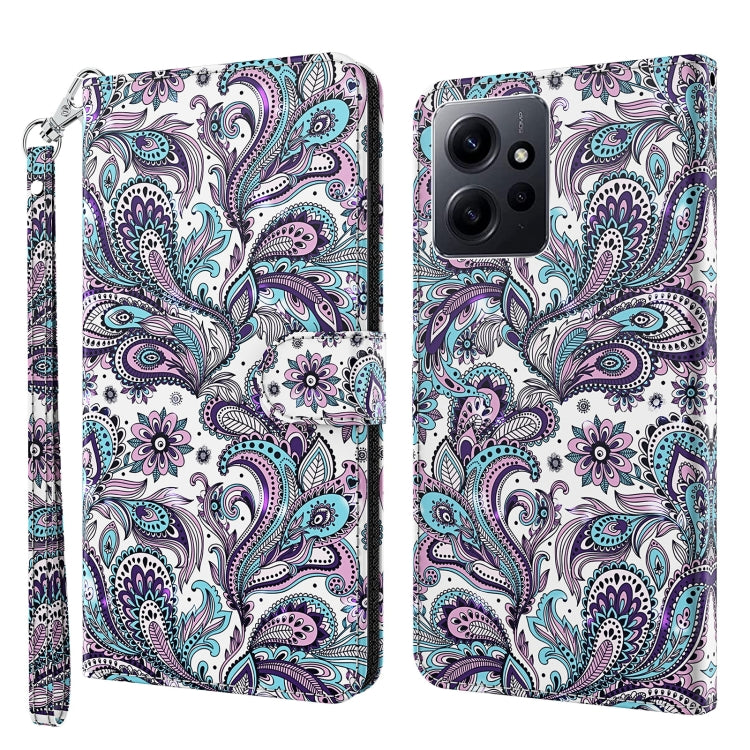 Flip leather phone case with purple paisley and teal bird pattern