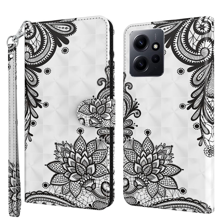 Flip phone case with black floral lace pattern, faux leather with wrist strap.