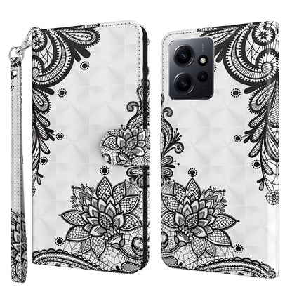 Flip phone case with black floral lace pattern, faux leather with wrist strap.