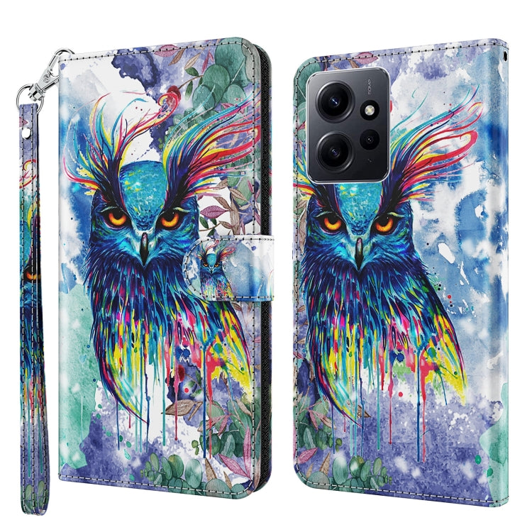 Flip phone case with colorful owl watercolor artwork, faux leather with wrist strap.