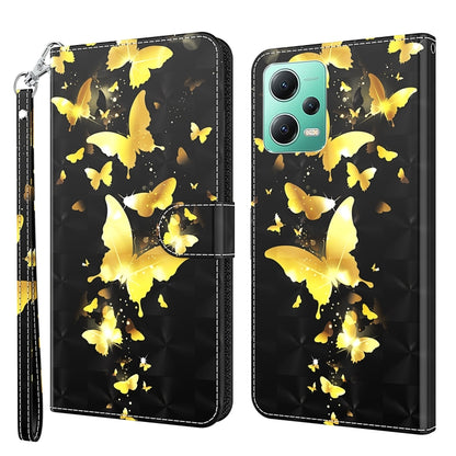 Flip phone case with gold butterfly silhouette pattern on dark background, faux leather strap.