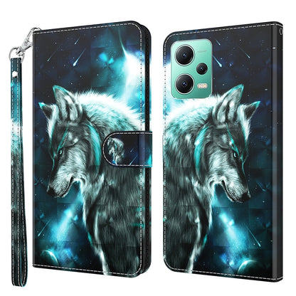 Flip phone case with glowing wolf portrait in blue tones, faux leather with wrist strap.
