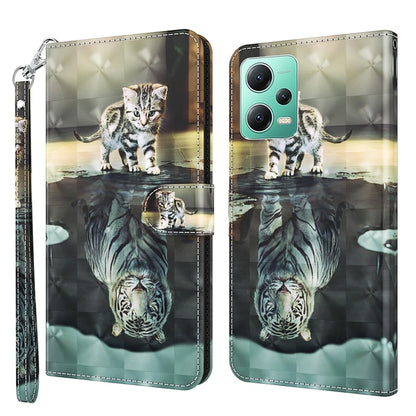 Flip phone case with cat and reflection graphic, quilted faux leather look, wrist strap.