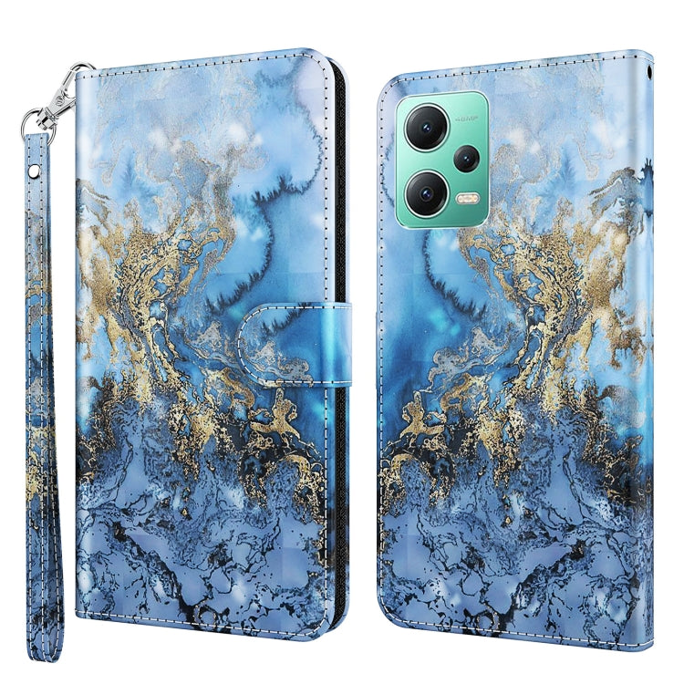 Flip phone case with blue and gold marbled abstract pattern, faux leather with wrist strap.