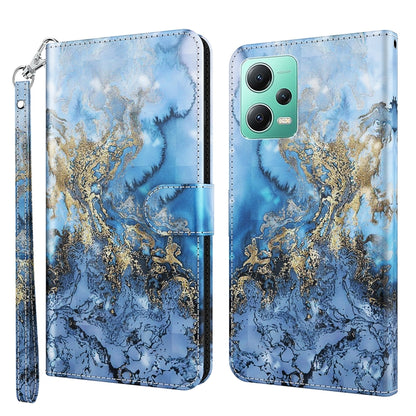 Flip phone case with blue and gold marbled abstract pattern, faux leather with wrist strap.