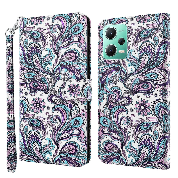 Flip phone case with purple and teal paisley pattern, faux leather with wrist strap.