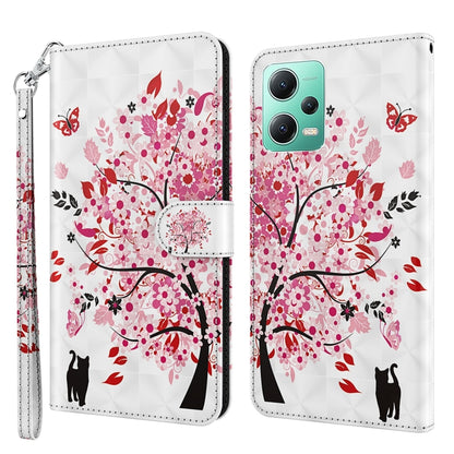 Flip leather phone case with tree and butterfly cat pattern, wrist strap and magnetic flap