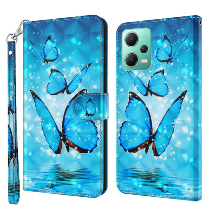 Flip leather phone case with blue butterfly and starry sky pattern, wrist strap and magnetic flap