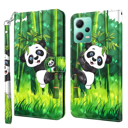 Flip leather phone case with panda under bamboo trees pattern, wrist strap and magnetic flap