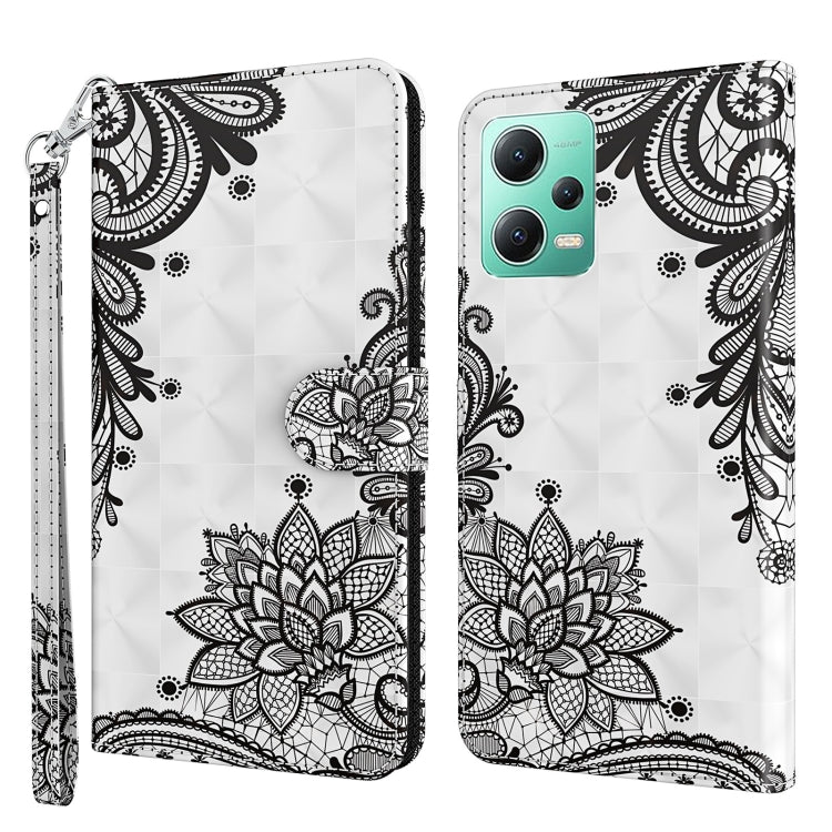 Flip leather phone case with black floral mandala pattern on white, wrist strap and magnetic flap