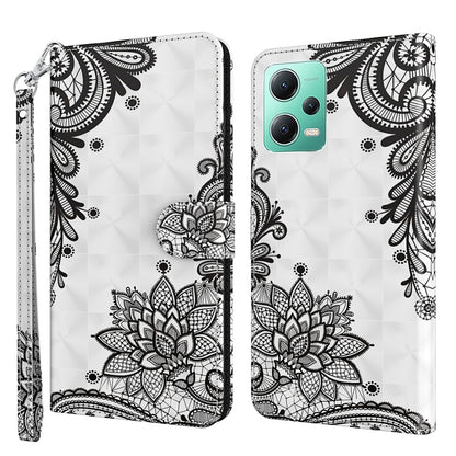Flip leather phone case with black floral mandala pattern on white, wrist strap and magnetic flap