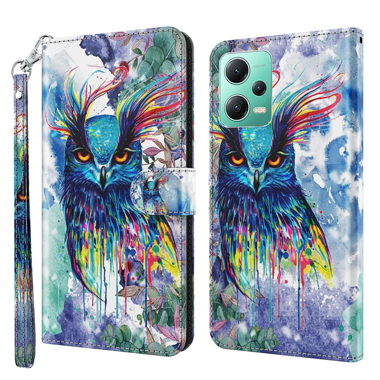 Flip leather phone case with colorful owl artwork, wrist strap and magnetic flap