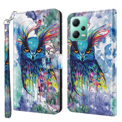 Flip leather phone case with colorful owl artwork, wrist strap and magnetic flap