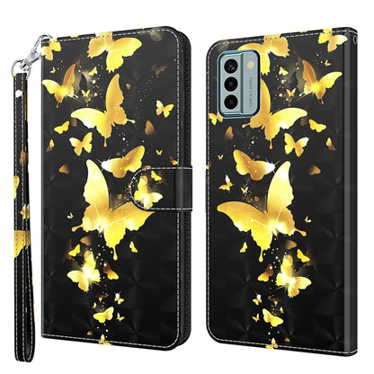 Flip leather phone case with glowing yellow butterflies on black, wrist strap and magnetic flap