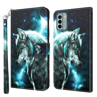 Flip leather phone case with wolf face artwork and blue sparks, wrist strap and magnetic flap