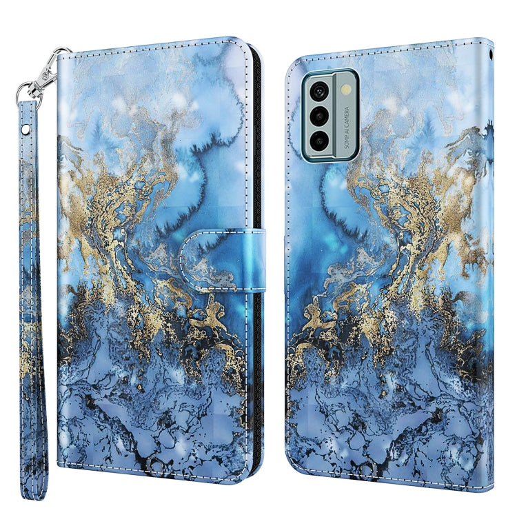 Flip leather phone case with blue marbled wave pattern and gold accents, wrist strap and magnetic flap