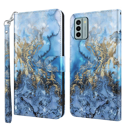 Flip leather phone case with blue marbled wave pattern and gold accents, wrist strap and magnetic flap
