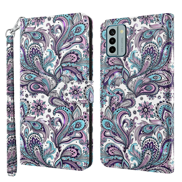 Flip leather phone case with paisley bird and floral pattern, wrist strap and magnetic flap
