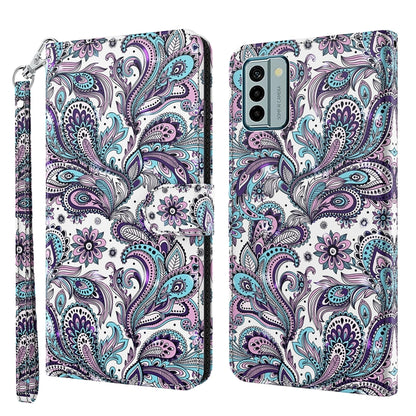 Flip leather phone case with paisley bird and floral pattern, wrist strap and magnetic flap