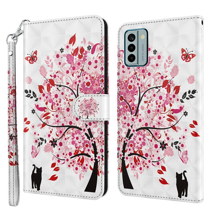 Flip leather phone case with red and pink floral tree, butterflies, and cat silhouettes