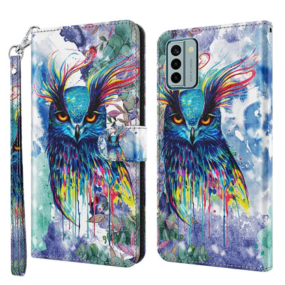 Flip leather phone case with watercolor blue owl and colorful paint-splash design