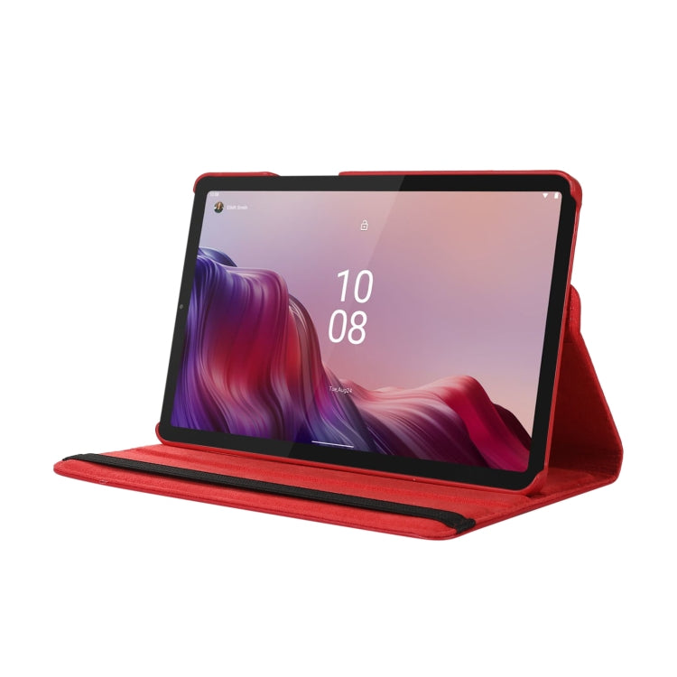 Red litchi-texture tablet case with stand holding a tablet