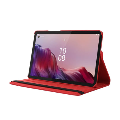 Red litchi-texture tablet case with stand holding a tablet