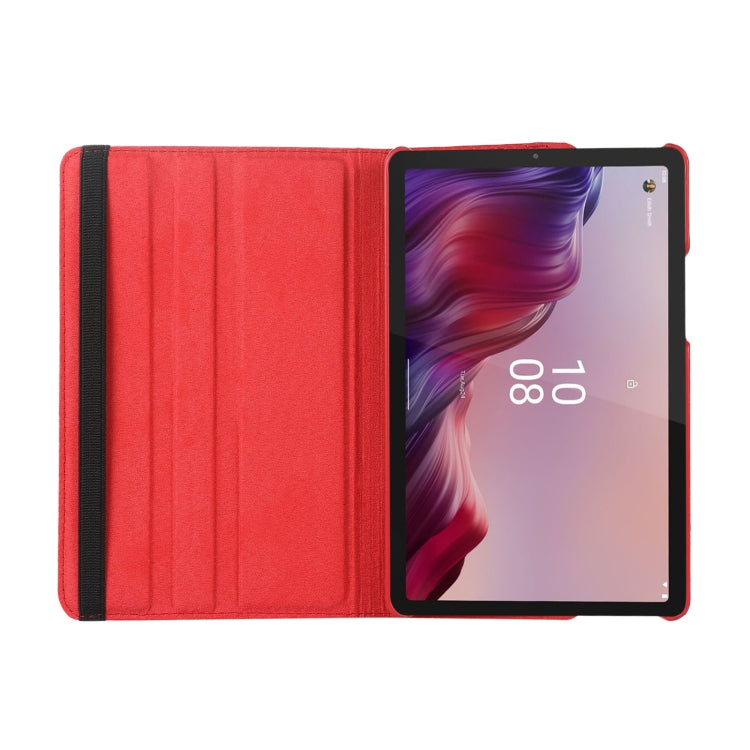 Red litchi-texture tablet case open view with circular rotation ring holder