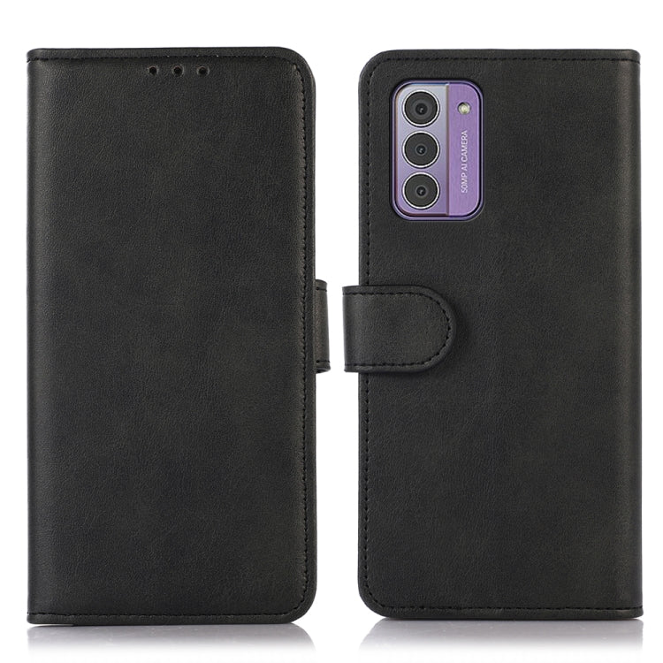 Black leather-texture flip phone case front and back view with camera cutout