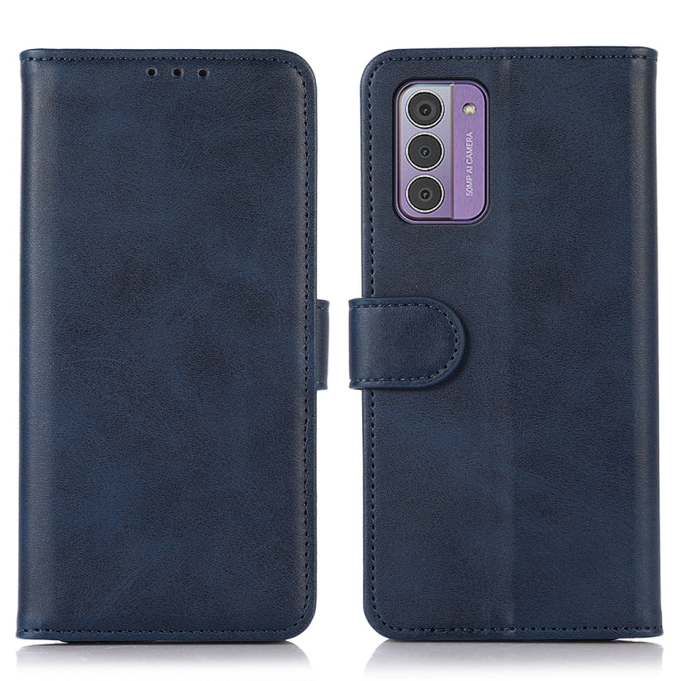 Blue leather-texture flip phone case front and back with camera cutout